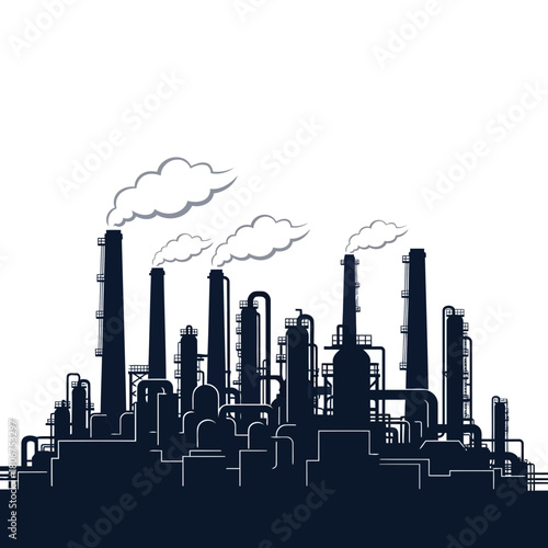 A stylized silhouette of an industrial complex with smoking chimneys against a, conveying pollution isolated on
