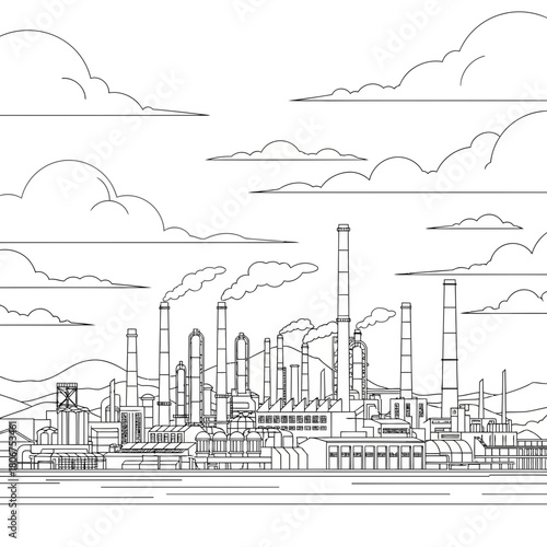 Detailed line drawing of a sprawling industrial complex with smokestacks and clouds, isolated on, conveying a sense of scale
