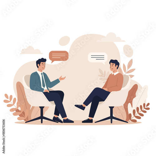 Two people in a therapy session, discussing their feelings and emotions, sitting in comfortable chairs, with speech bubbles indicating conversation and understanding