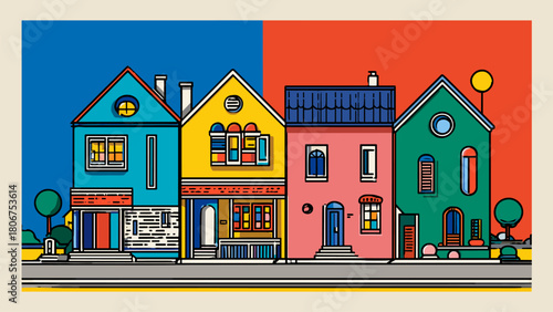 Bright multi-colored row houses in flat vector style. Modern street architecture with blue, yellow and pink facades