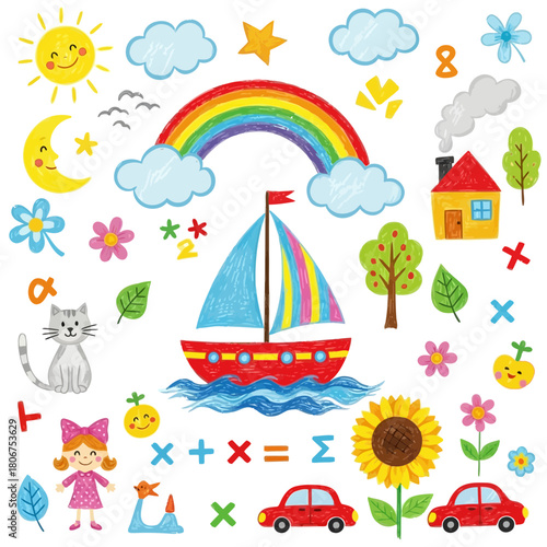 A whimsical crayon drawing featuring a sailboat, rainbow, sun, moon, house, flowers, cat, girl, cars, and other cheerful elements isolated on