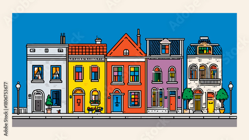 Tall European style townhouses vector set. Vertical city buildings with attic windows and classic colorful facades