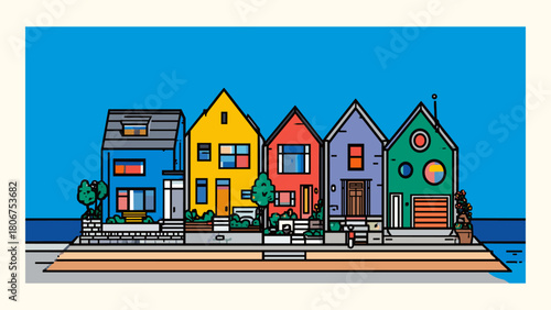 Waterfront residential houses vector illustration. Colorful geometric buildings on a pier or promenade by the blue sea