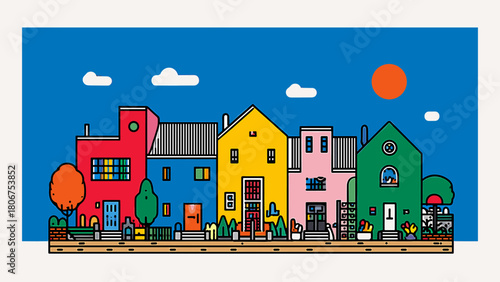 Bright geometric street with diverse house shapes vector illustration