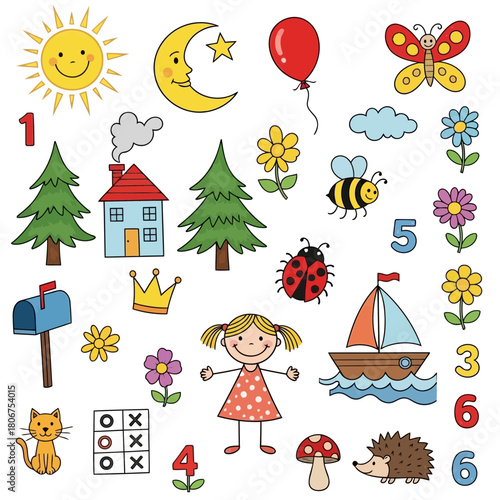 A whimsical collection of handdrawn cartoon elements, featuring a smiling sun, crescent moon, playful animals, and colorful flowers isolated on