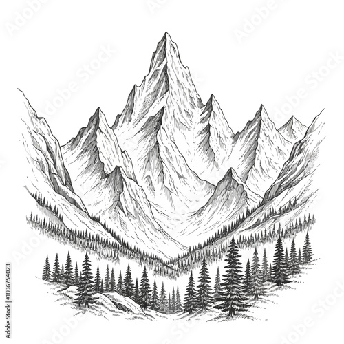 Majestic mountain range illustration with towering peaks and dense forest, creating a serene and picturesque landscape isolated on