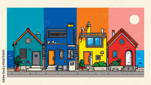 Colorful seaside village houses at sunset. Vector illustration of coastal homes with sun and blue sky