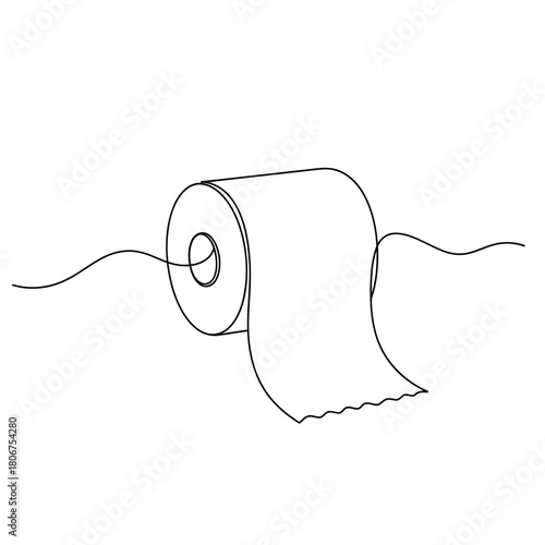 Toilet paper roll drawn in black outline with a single continuous line isolated on, representing hygiene and bathroom necessity