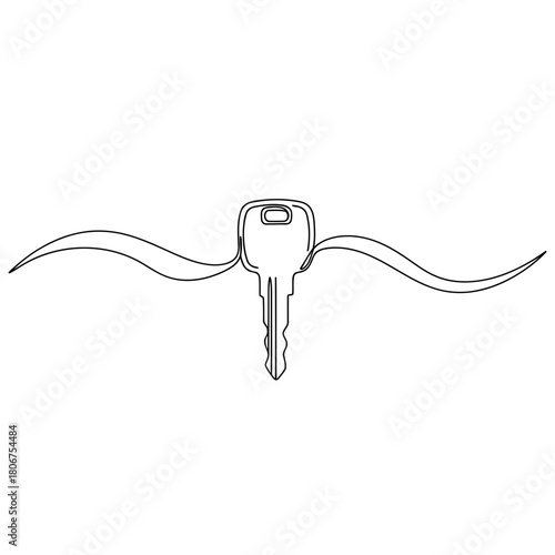 Continuous line drawing of a key with wings, isolated on simple vector illustration of freedom and opportunity