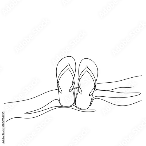 Continuous line drawing of flip flops on the beach, isolated on simple vector illustration of summer vacation and relaxation