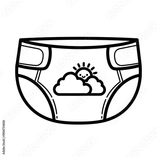 Cute baby diaper line art with sun and cloud design isolated on, creating a charming and simple illustration for baby products