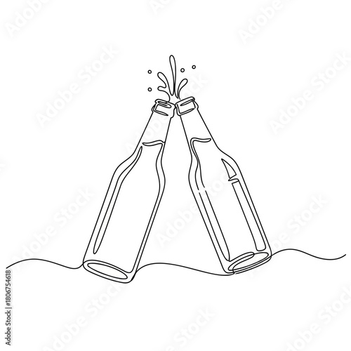 Two beer bottles clink in a celebratory toast, their continuous line art capturing the spirit of friendship and good times, isolated on