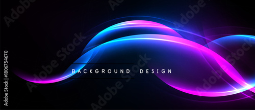 Abstract neon lines create dynamic flow. Vibrant blue, purple hues contrast dark background. Modern design element.