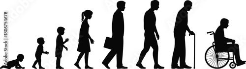 Silhouette showing human life stages, growth from infancy to old age, evolution of people, aging progression concept illustration