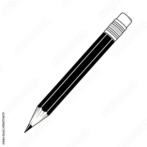 A black and white illustration of a pencil with an eraser isolated on, perfect for educational or creative projects