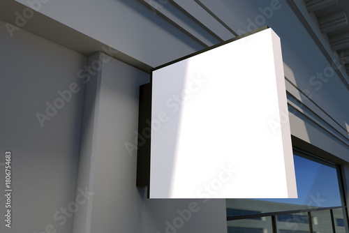 Customize this blank sign for your storefront branding in a modern urban building exterior with window views