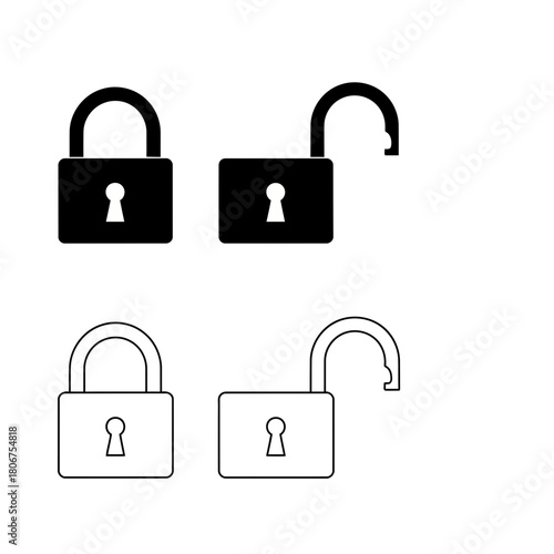 Padlock icon set in black and white isolated on symbol of security, safety, privacy, protection, access, and confidentiality
