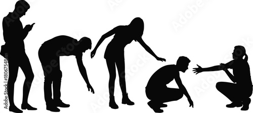 Silhouette people interacting with each other, showing support, communication, assistance, reaching out, connection, helping gestures, teamwork, empathy, cooperation