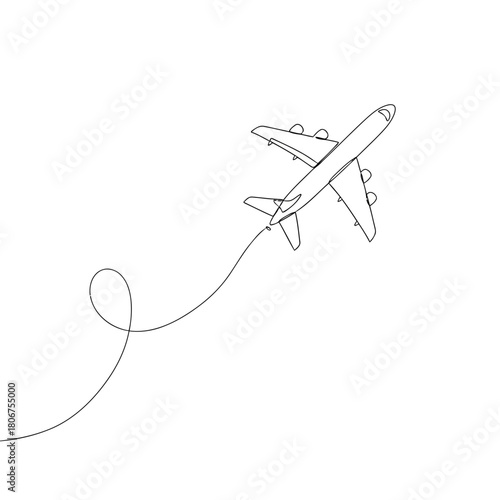 Airplane flying and leaving a trail isolated on minimalist line art illustration of plane and smoke trail in the sky