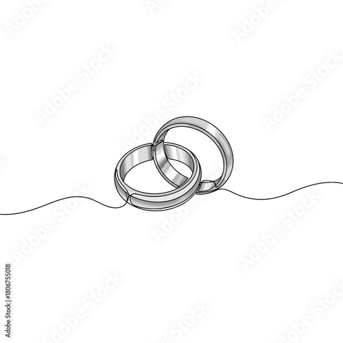Two wedding rings connected by a single continuous line isolated on, symbolizing love, commitment, and eternal bond in minimalist style
