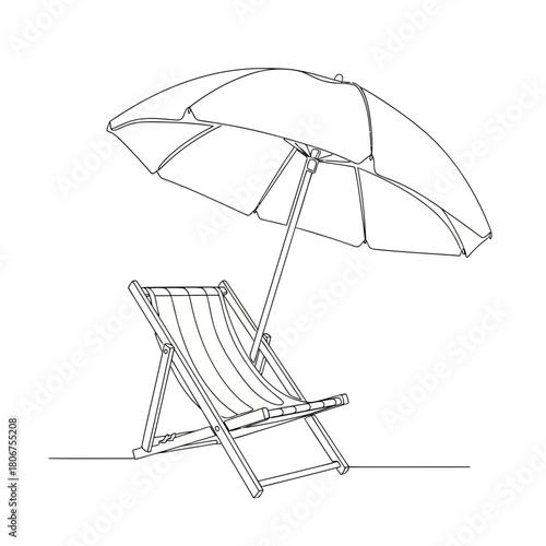 A beach chair and umbrella isolated on, evoking relaxation, vacation, and summer vibes in a minimalist line art style