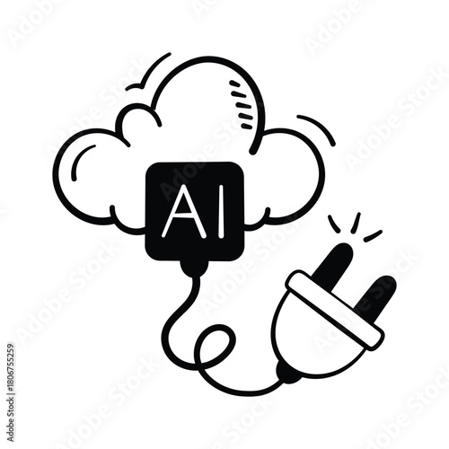 Cloud system powered with artificial intelligence connection, trendy doodle icon