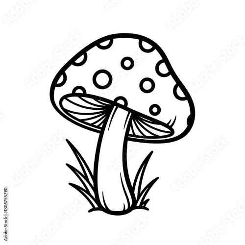 Amanita mushroom with grass isolated on, a whimsical illustration of a toadstool with polka dots on its cap, in black and white
