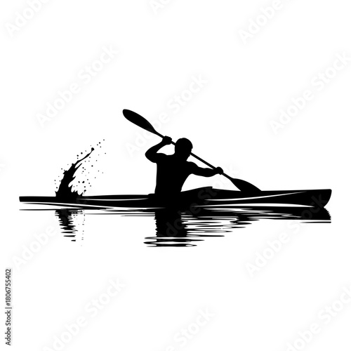 Silhouette of a kayaker paddling in the water isolated on