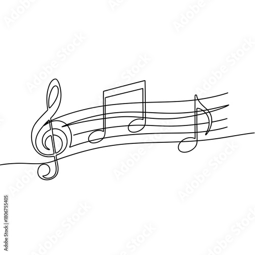 A single continuous line drawing of music notes isolated on, flowing gracefully across the staff in a minimalist and elegant design