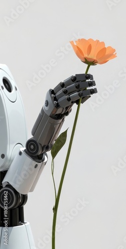 Advanced Robotics Meets Nature: Precision Robot Hand Holding a Delicate Flower, White Background