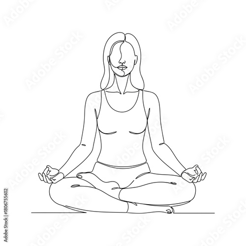 Continuous line drawing of woman in lotus position isolated on girl doing yoga exercise healthy lifestyle concept vector illustration