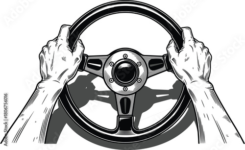 Detailed illustration of hands gripping car steering wheel from driver perspective, vintage style drawing for automotive safety, driving, transportation concepts