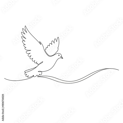 Dove illustration in a single continuous line, isolated on a minimalist design for peace, freedom, and spiritual themes