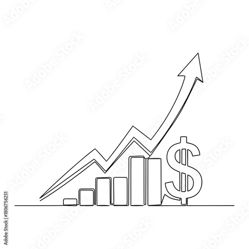 Continuous line drawing of business growth chart with dollar sign isolated on financial success and market trend in minimalist style