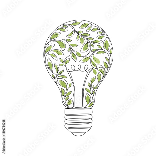Illustration of a light bulb with green leaves inside, symbolizing ecofriendly energy and sustainability isolated on