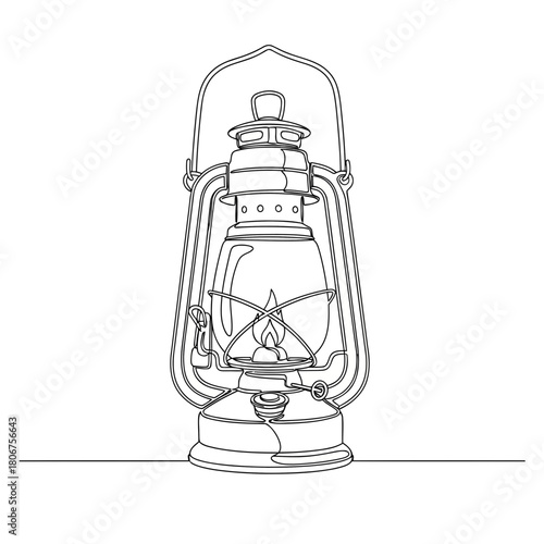 A continuous line drawing of an antique kerosene lamp, creating a simple and elegant design isolated on