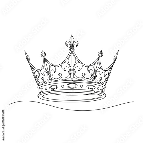A detailed line drawing of a royal crown with fleurdelis, isolated on symbolizes royalty, power, elegance, and historical significance