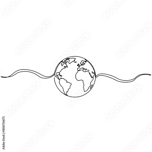 Continuous line drawing of a world globe with a planet orbit isolated on minimalist design of earth with continents and path