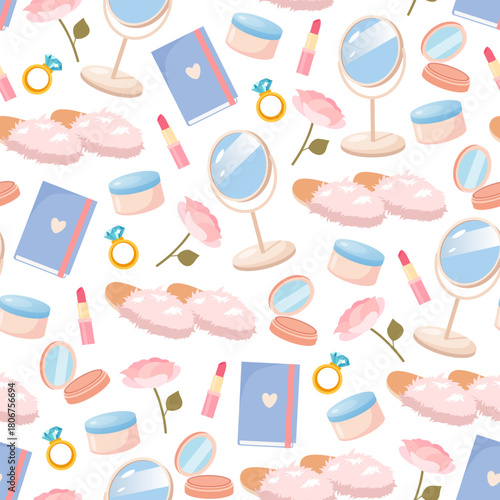 Vector seamless pattern of beauty and fashion girls items isolated on a white background and includes a variety of items such as a mirror, a book, a diamond ring, a flower, a lipstick, a powder, etc.