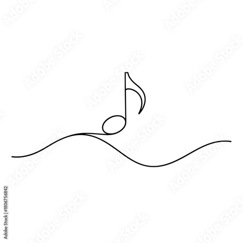 Elegant continuous line drawing of a musical note floating on a wave, isolated on minimalist design for music, sound, and harmony concepts