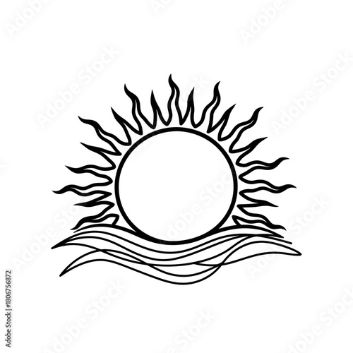 Minimalist continuous line art of a sun rising over the sea, isolated on a serene and calming design for nature and travel themes