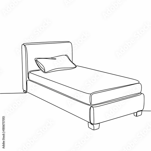 Single line drawing of a bed with a pillow isolated on minimalist art for bedroom interior and furniture design concept
