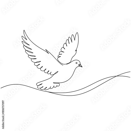 Dove connected by a single continuous line isolated on minimalist vector illustration of peace and freedom