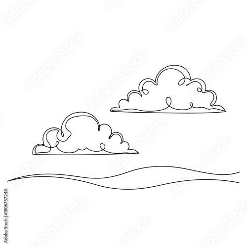 Clouds and horizon in a continuous line drawing, isolated on, creating a serene and minimalist landscape