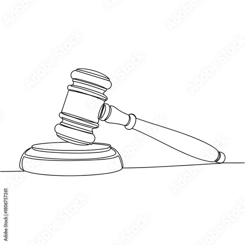Gavel and sound block in a continuous line drawing, isolated on, showcasing justice and legal proceedings