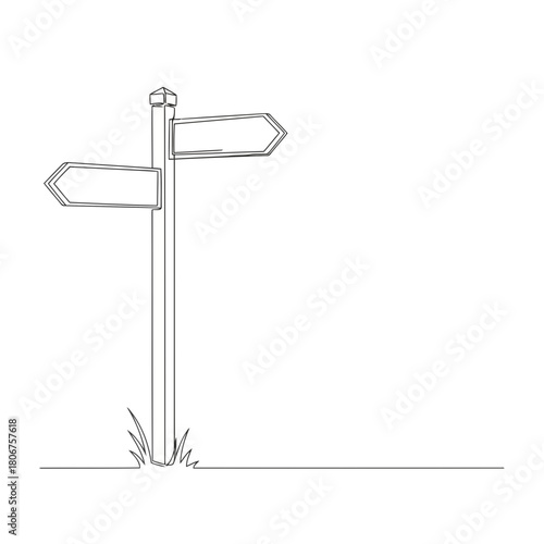 A minimalist continuous line drawing of a wooden signpost with two blank arrow signs, symbolizing direction and choice isolated on