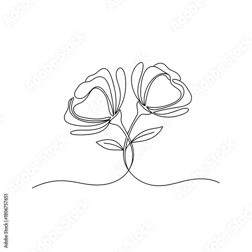 Two delicate flowers in a single continuous line drawing isolated on, showcasing minimalist beauty and elegant simplicity