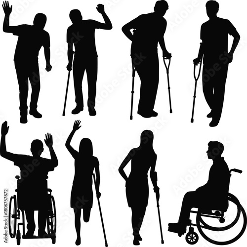 Silhouettes of diverse people using mobility aids and wheelchairs, showing movement, independence, inclusion, support, accessibility, health, resilience, everyday activity