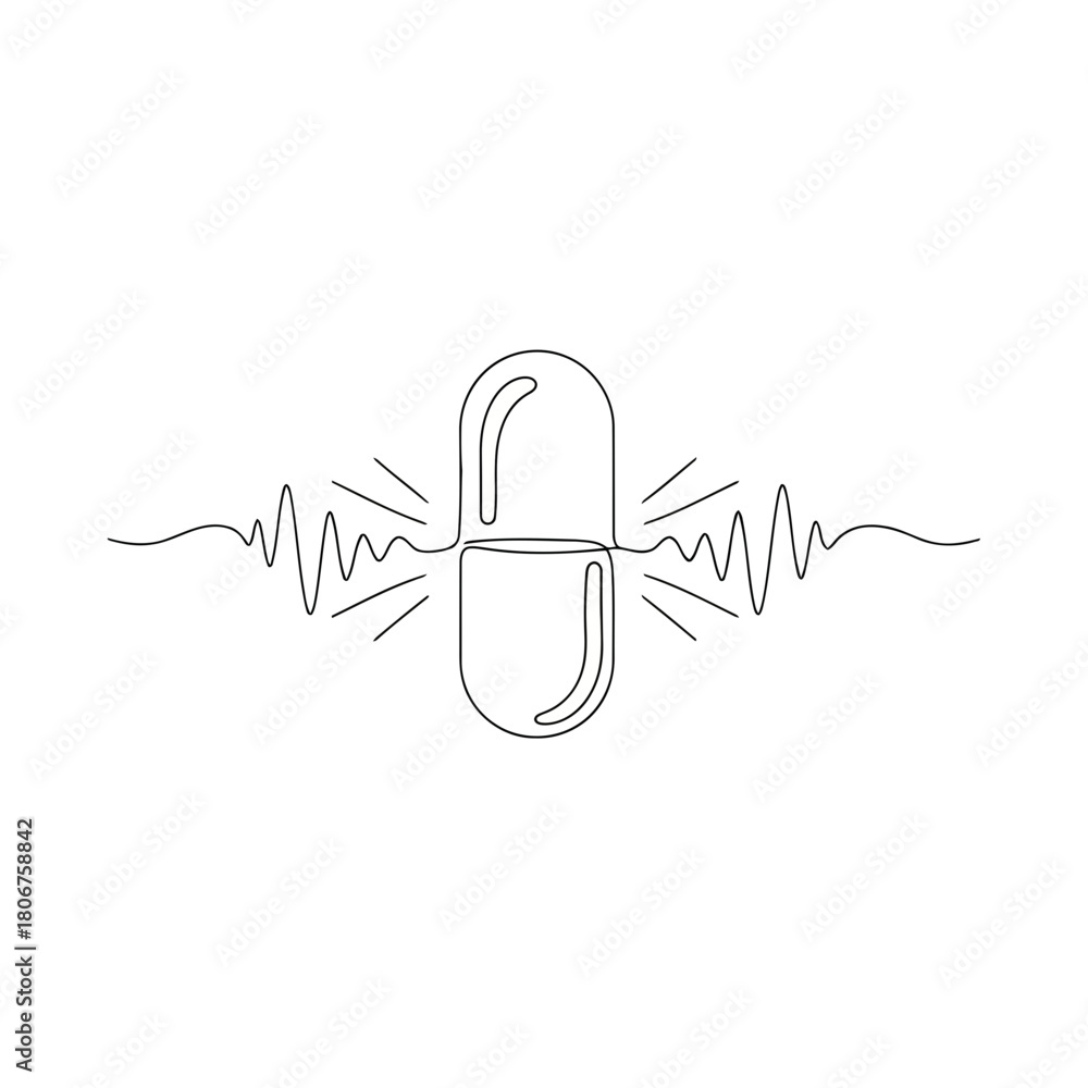 Naklejka premium Pill with heartbeat isolated on continuous one line drawing of capsule and heart rate vector illustration of medical treatment concept
