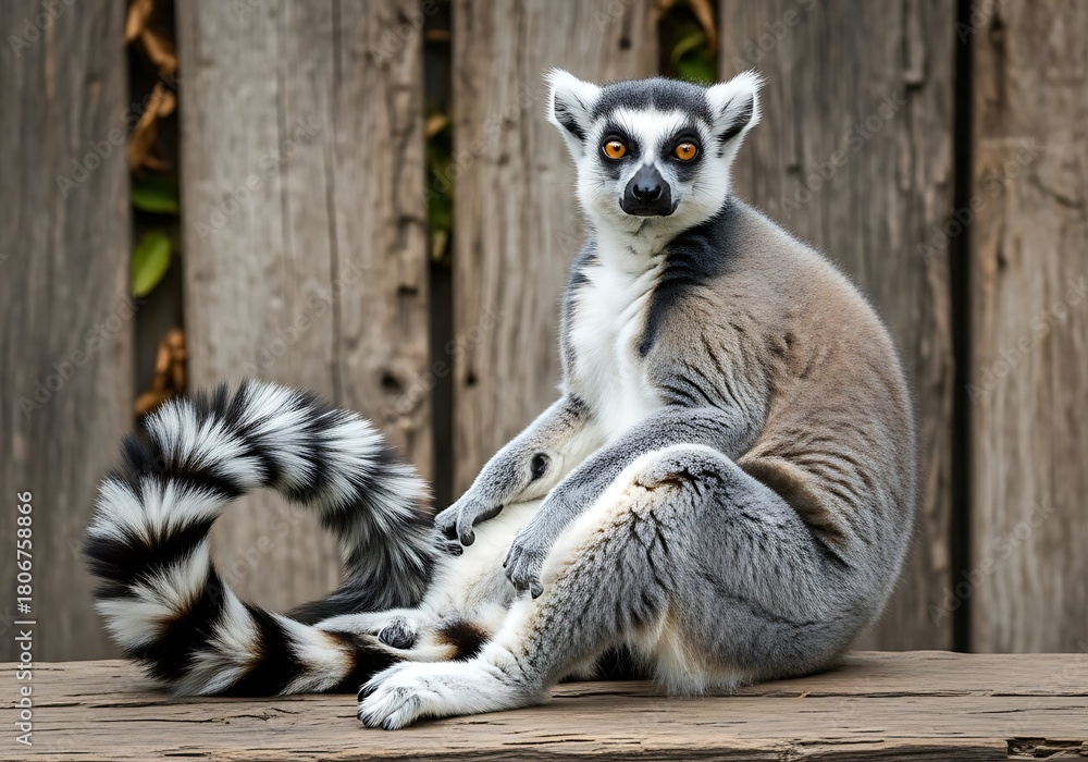 Obraz premium Ring tailed lemur with distinctive black and white striped tail poses against a rustic wooden background